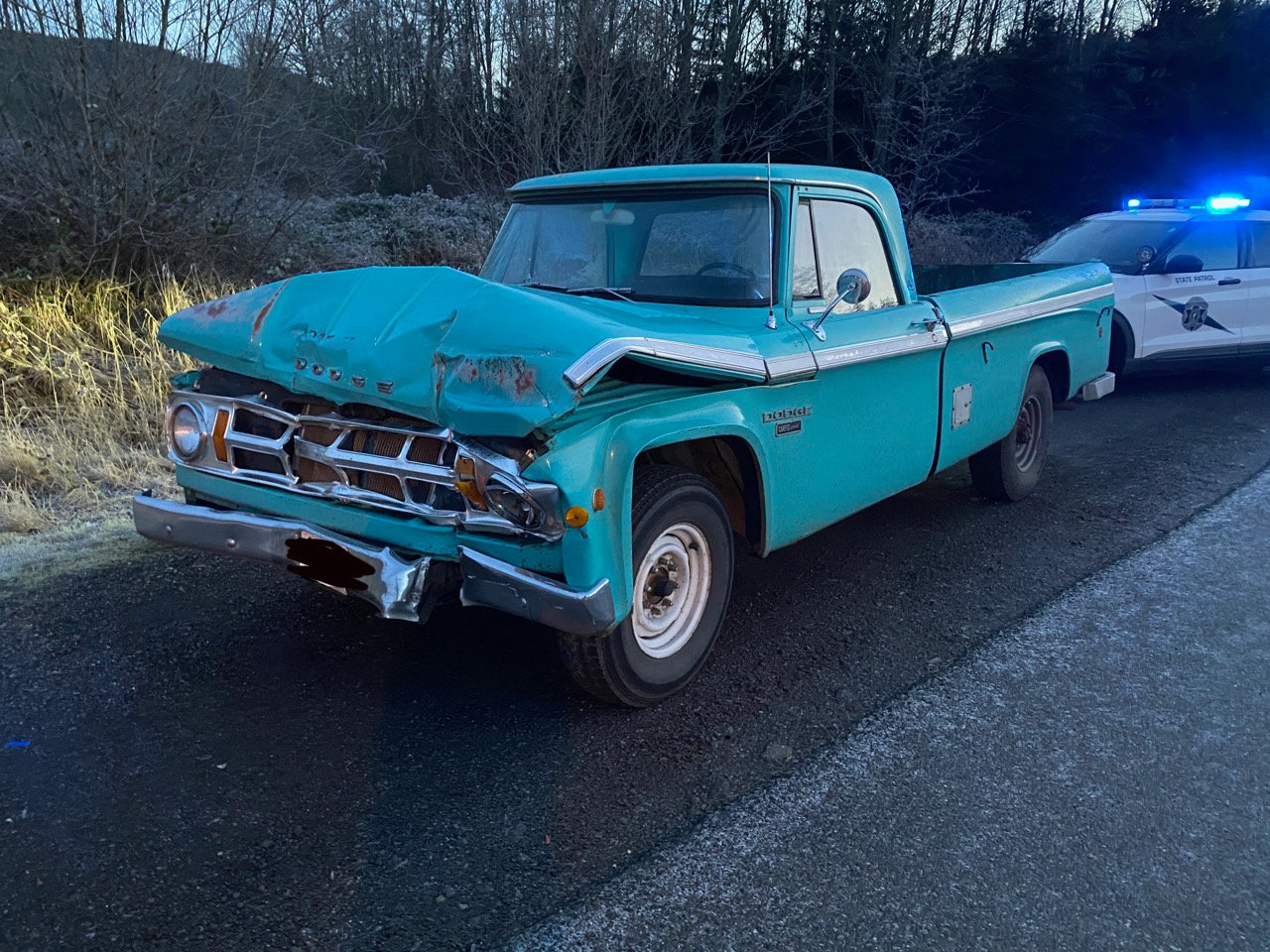 A 1968 Dodge pickup sustained serious front-end damage after hitting a semi-trailer truck at the US Highway 101/Highway 20 intersection Thursday morning.